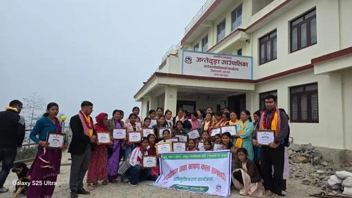 Participants gathered outside a school following a public speaking program